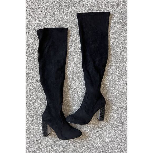 Jewel Badgley Mischka Black Stretch Over-the-Knee Block Heel Boots 8 Holiday - Picture 1 of 7